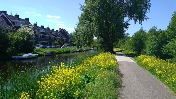 A bike path along a canal at the edge of Het Amsterdamse Bos
