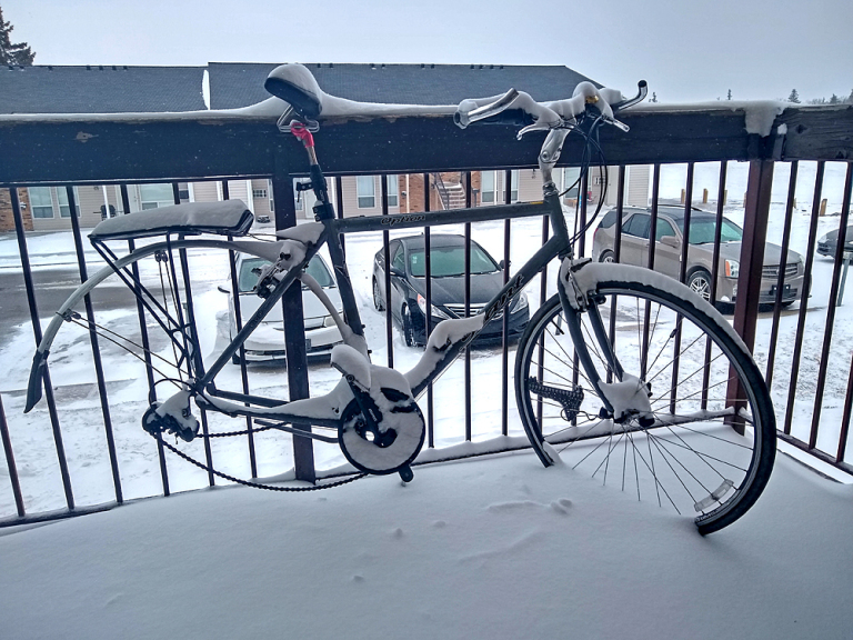 Snowy Balcony Bike My bike out on our apartment balcony in the snow